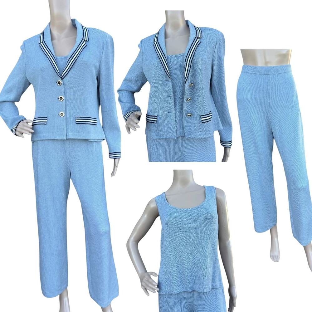 St. John 8 M 6 Santana Knit 3pc Pant Suit Set Light Blue Jacket Tank Pants
